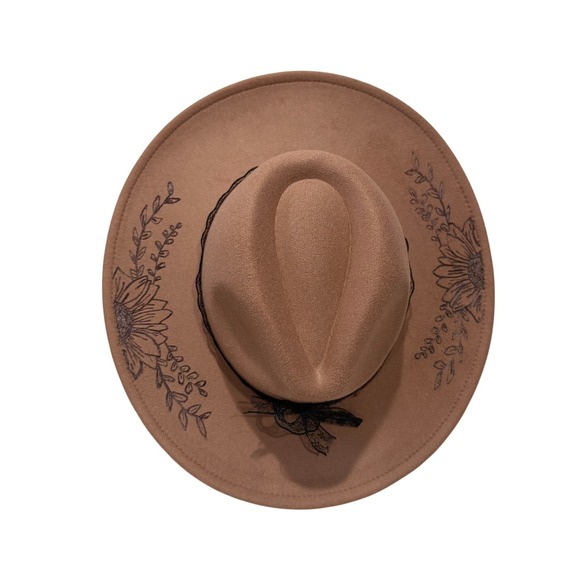 Handcrafted Brown Custom Wood Burned Sunflower Wide Brim Hat Lace Band - Picture 3 of 8